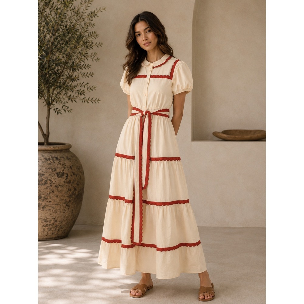 TCEC Women's NWOT Maxi Dress LARGE Scallop Stitch Bow Tie Tiered Puff Sleeve